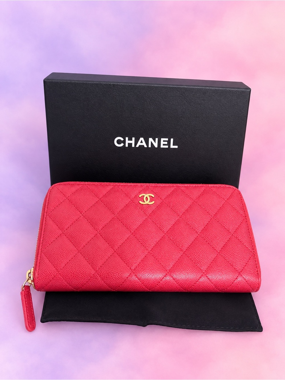CHANEL Quilted Caviar Leather Long Zip Wallet Coral with Gold CC